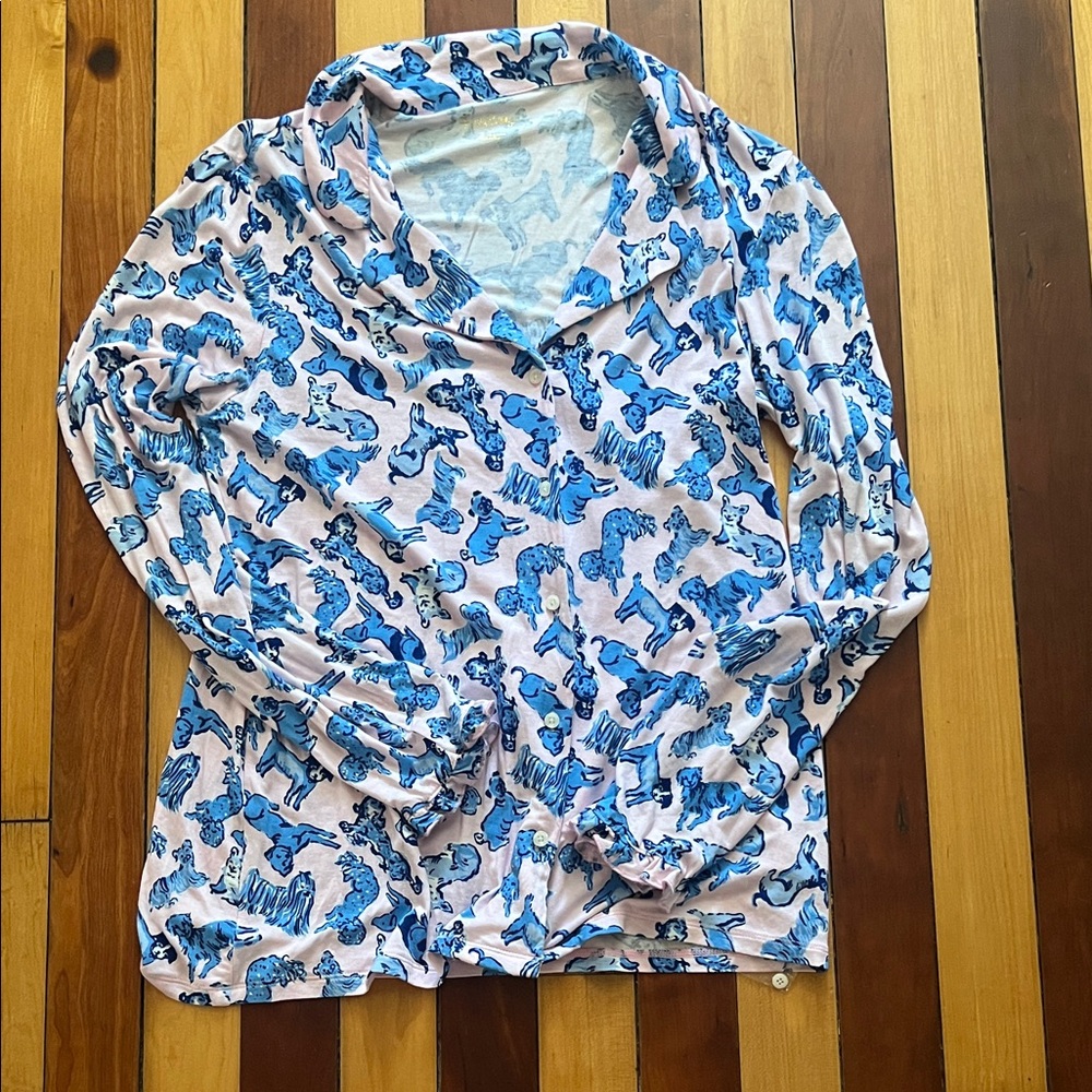 EUC Lilly Pulitzer Medium Sammy Pajama Shirt Top Dog Print Pink Blue